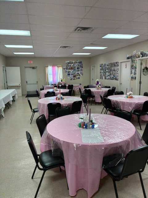The fellowship hall at New Light Baptist Church set for a church gathering
